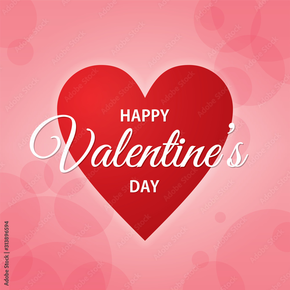 Valentine's card with one small heart and greetings with transparent circles decoration and pink background.