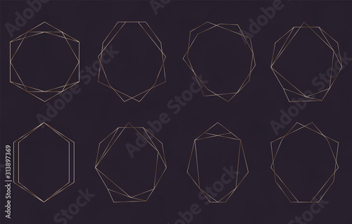 Gold geometric polygonal lines frames in the black backgrounds. Decorative triangle lines borders. Design elements for wedding invitation, blog posts, banner