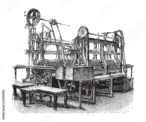Old flax mill machine - textile hackle machine / vintage illustration from Brockhaus Konversations-Lexikon 1908