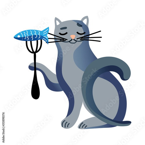 Cute cat holding fork with fish isolated on white
