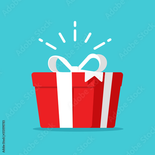 Gift box present surprise symbol or magic prize win vector illustration flat cartoon, idea of giveaway reward or award red paper box with ribbon and bow isolated clipart