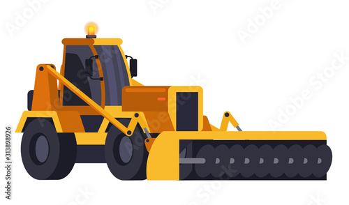 Yellow snow removal bulldozer isolated on white