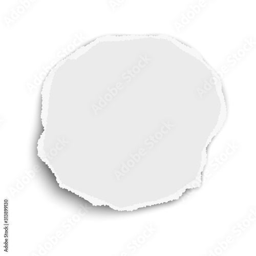 Circular torn paper wisp with soft shadow isolated on white background. Vector paper template.