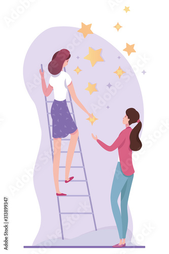 Two young women hanging stars on wall illustration
