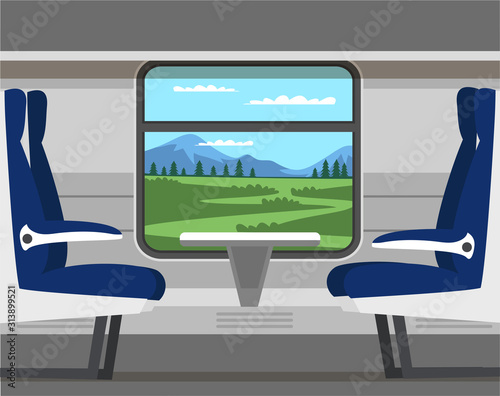 Empty railway train wagon with comfortable seats