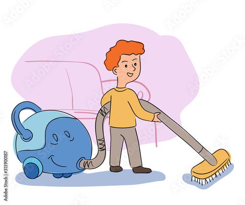 Happy boy helper cleaning room with vacuum cleaner