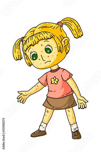 Little sick girl with skin rash isolated on white