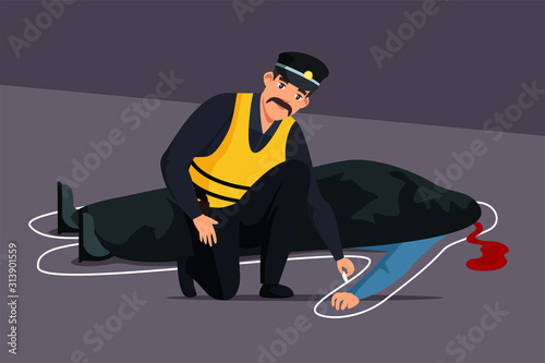 Policeman with chalk outlines murdered person body