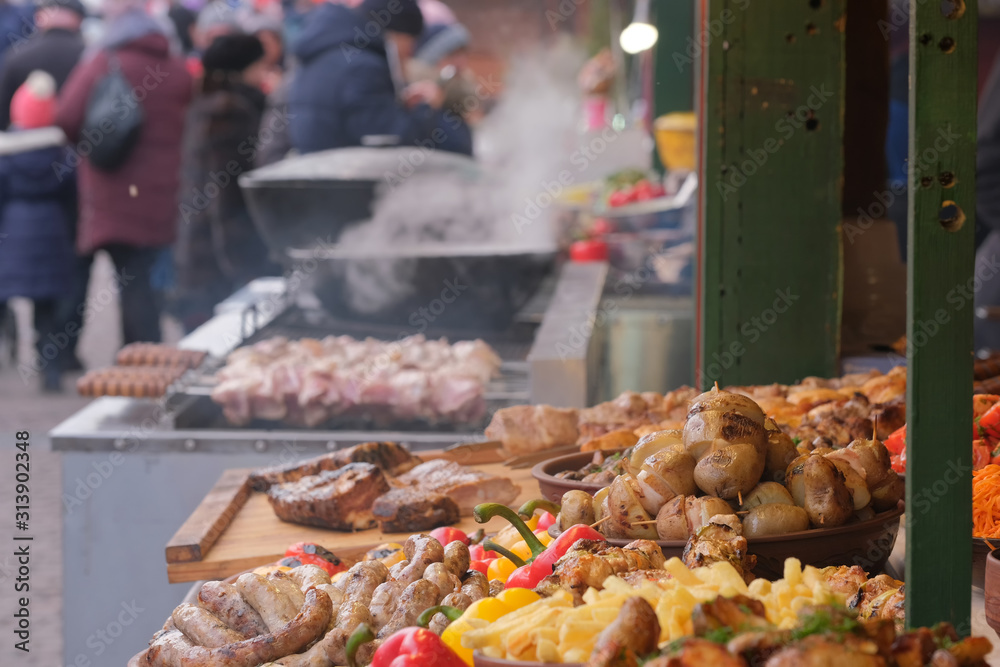 Street trading Christmas grilled meat and vegetable snacks