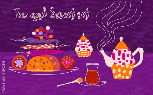 Vector horizontal illustration of arabic sweets and arabic tea party. Place for text for a card or poster for a holiday invitation. Kettle, teas treats in cartoon flat style on a purple background