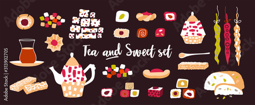 Vector set of oriental sweets and tea party. Items for design postcard or poster for a holiday invitation. Kettle, tea, hands and treats in a cartoon flat style isolated on a dark background