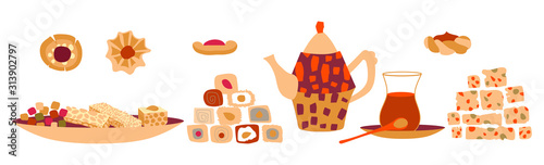 Vector set of oriental sweets and arabic tea party. Desing for a card or poster for a holiday invitation. Kettle, tea, hands and treats in cartoon flat style isolated on a white background