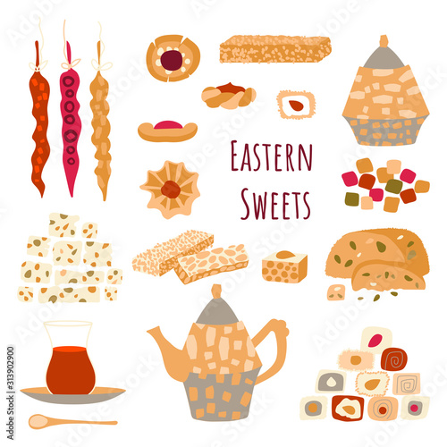 Vector set of oriental sweets and arabic tea party. Desing for a card or poster for a holiday invitation. Kettle, tea, hands and treats in cartoon flat style isolated on a white background