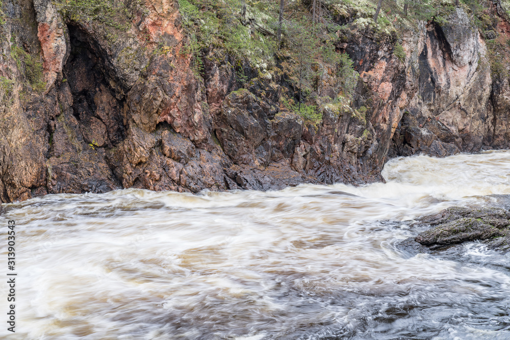Fototapeta premium Red cliff, stone wall, forest, waterfall and wild river view in autumn. Fall colors - ruska time in Kiutaköngäs. One part of Karhunkierros Trail. Oulanka National Park, north Finland, Lapland, Europe