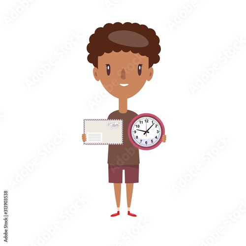 Ontime delivery service. Young logistic man in shorts and t-shirt standing, holding envelope with a letter and watch on white background. Vector flat design illustration.