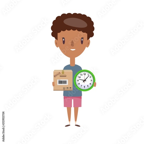 Ontime delivery service. Young logistic man in shorts and t-shirt standing, holding cardboard box and watch on white background. Vector flat design illustration.