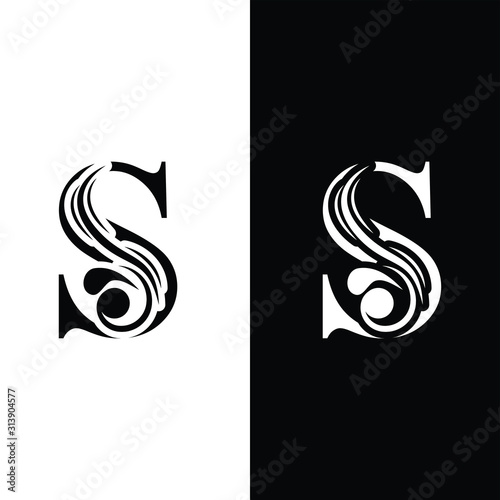 letter S. Black and white flower alphabet. Beautiful capital letters 