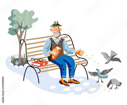 Old man feeding birds flat vector illustration. Aged person, retiree sitting on bench in park cartoon character. Grandfather resting in park, fresh air recreation. 
