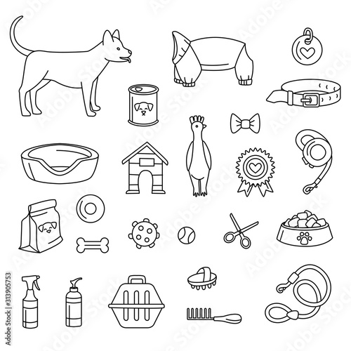 Pet store for dogs set black and white. Vector illustration doodles