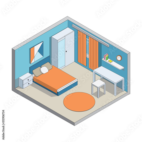3d isometric room design. Cozy room: bed, wardrobe, table, decorations, curtains, carpet. Illustration of orange-blue color.