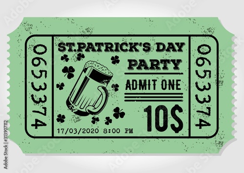 Saint Patrick's Day party ticket or admit one design template. Vintage style vector illustration
