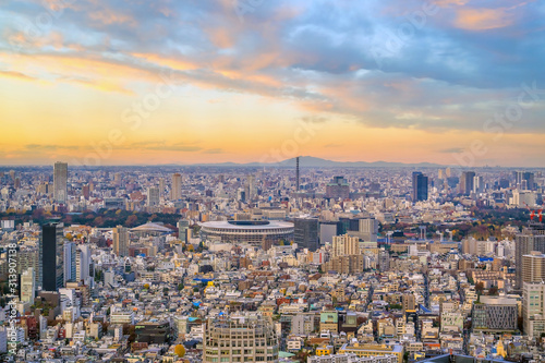 Top view of Tokyo city skyline at sunset