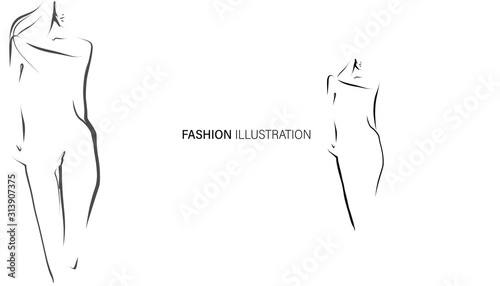 Silhouette of young slender woman, model. Fashion illustration in sketch style. Vector