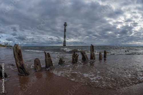 Skew lighthouse in the Baltic Sea. Kiipsaar, Harilaid, Saaremaa, Estonia, Europe. © Artenex