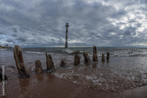 Skew lighthouse in the Baltic Sea. Kiipsaar, Harilaid, Saaremaa, Estonia, Europe.