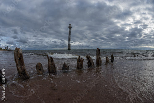 Skew lighthouse in the Baltic Sea. Kiipsaar, Harilaid, Saaremaa, Estonia, Europe.
