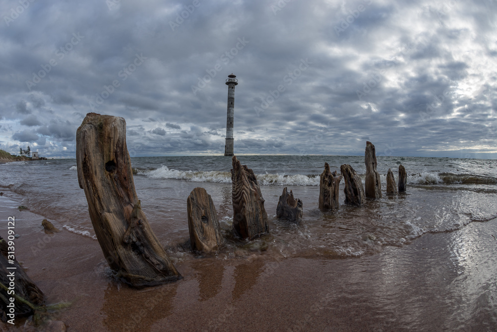 Skew lighthouse in the Baltic Sea. Kiipsaar, Harilaid, Saaremaa, Estonia, Europe.