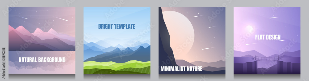Minimal vector backgrounds set of 4 landscapes. Mountain near water, meadow with hills, sunrise behind rock, moonlight at violet night. Summer scene. UI design elements