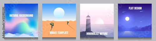 Minimal vector backgrounds set of 4 landscapes. Social media, blog post templates. Aurora borealis, desert, lighthouse on the rock, moonlight reflection in the water. Dynamic futuristic square posters