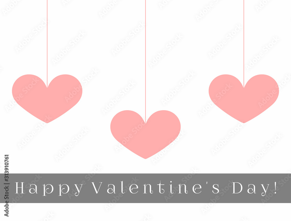 Card with hanging hearts and text Happy Valentine's Day! Flat vector illustration.