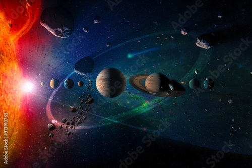 Solar system planets in a row, asteroid rain, comet, sun, dust and star. Giant luminous light ring. Science and education background. Elements of this image furnished by NASA.
