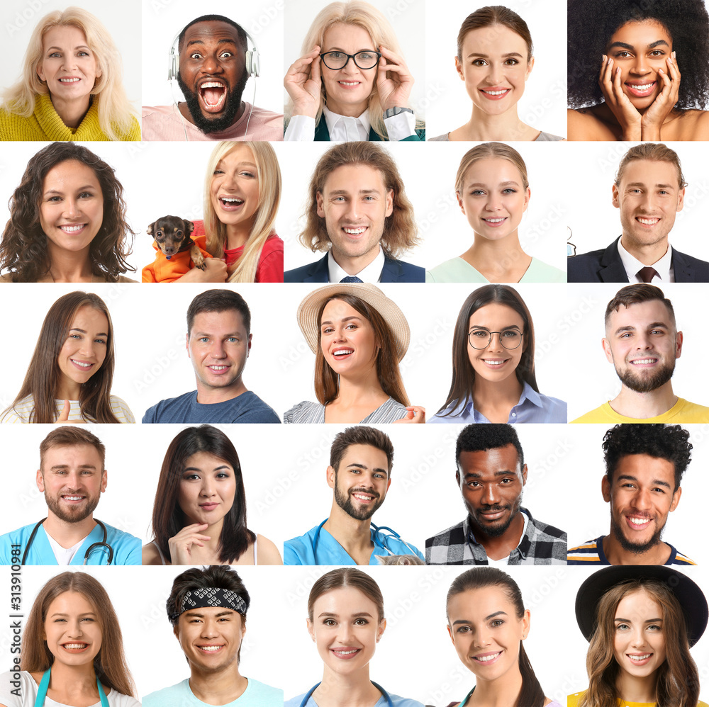 Collage with different people on white background Collage with different people on white background