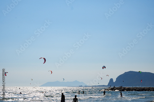 Kite surfing or Kite boarding, adventure surface water sport, combination of the wake boarding, windsurfing, surfing, paragliding, and gymnastics into one extreme sport