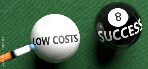 Low costs brings success - pictured as word Low costs on a pool ball, to symbolize that Low costs can initiate success, 3d illustration photo