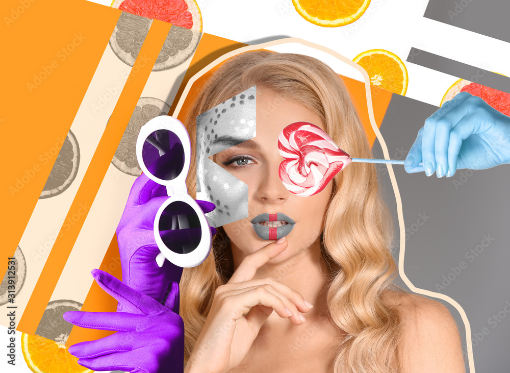 Creative collage with fashionable young woman - obrazy, fototapety, plakaty 