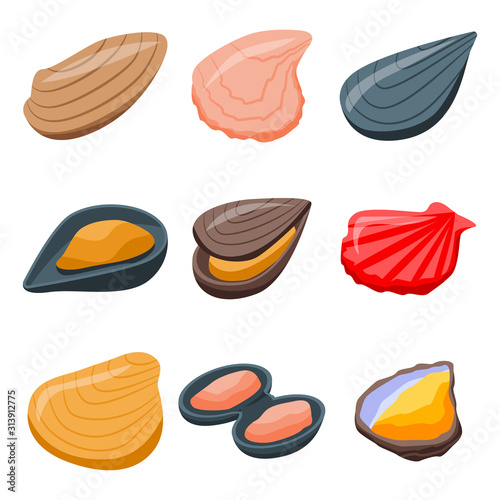 Mussels icons set. Isometric set of mussels vector icons for web design isolated on white background