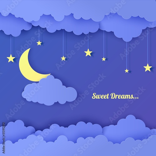 Night sky in paper cut style. 3d background with dark cloudy landscape with stars and moon papercut art. Garland with stars. Cute cardboard origami clouds, vector card for wish good night sweet dreams