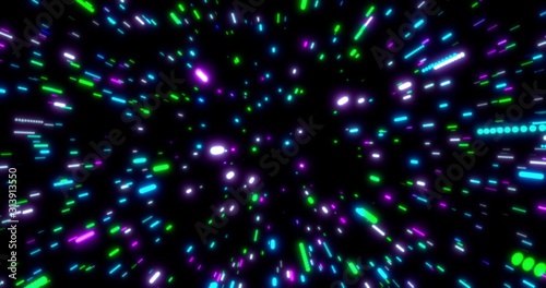 Glowing neon lines tunnel. Blue red pink and violet colorful lighting. Fluorescent ultraviolet lights in the space. Seamless 3D rendering background.