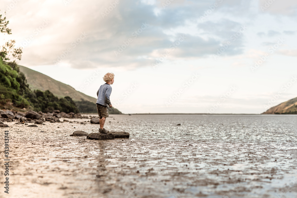 Little kid standing on a rock in a mudflat Little kid standing on a rock in a mudflat