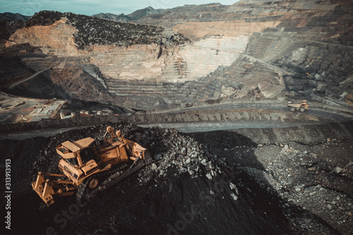 Aerial view of mechanical digger in coal mine