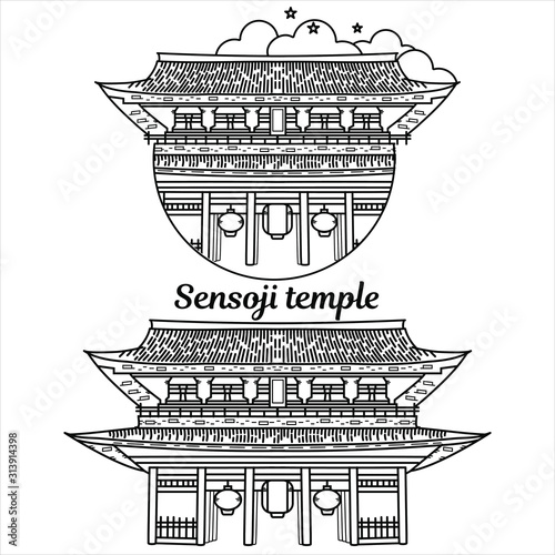 Asakusa Sensoji temple Japan Landmark. Tokyo landscape. Nation asian building icon on isolated background. Travel sign.