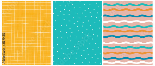 Geometric Seamless Vector Patterns. Simple White, Orange and Blue Waves Print. Cute Hand Drawn Abstract Flowers on a Turquoise Background. White Tiny Grid Isolated on a Warm Yellow Layout. 