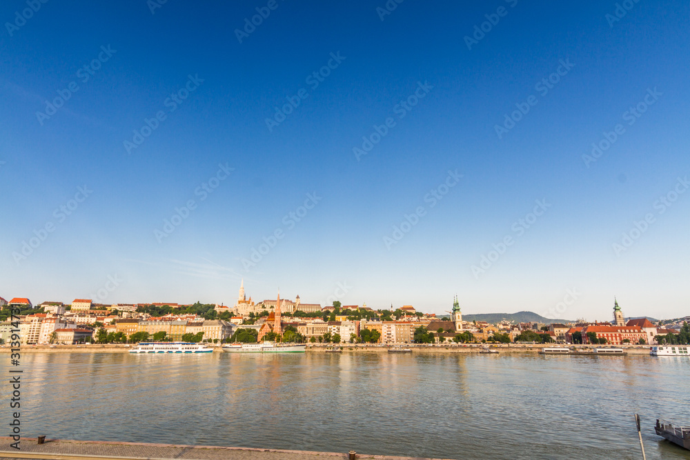 Dawn Danube and Budapest cityscape with copyspace.