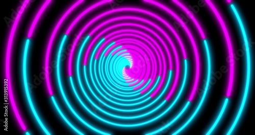 Neon Circle background with LED Fluorescent tunnel. Ultraviolet abstract blue, purple color. . 3D illustration