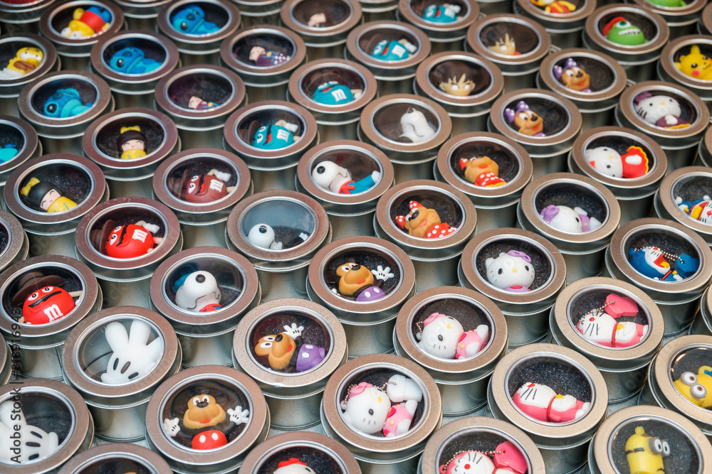 Obraz premium Usb Stick with toy / cartoon / comic characters on street market (Ladie`s Market) in Hong Kong , November, 2019