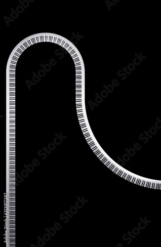 Very long curved musical keyboard of a piano - 3d illustration